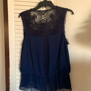 Adrianna Papell peplum waist navy blue sleeveless blouse, crochet lace detail